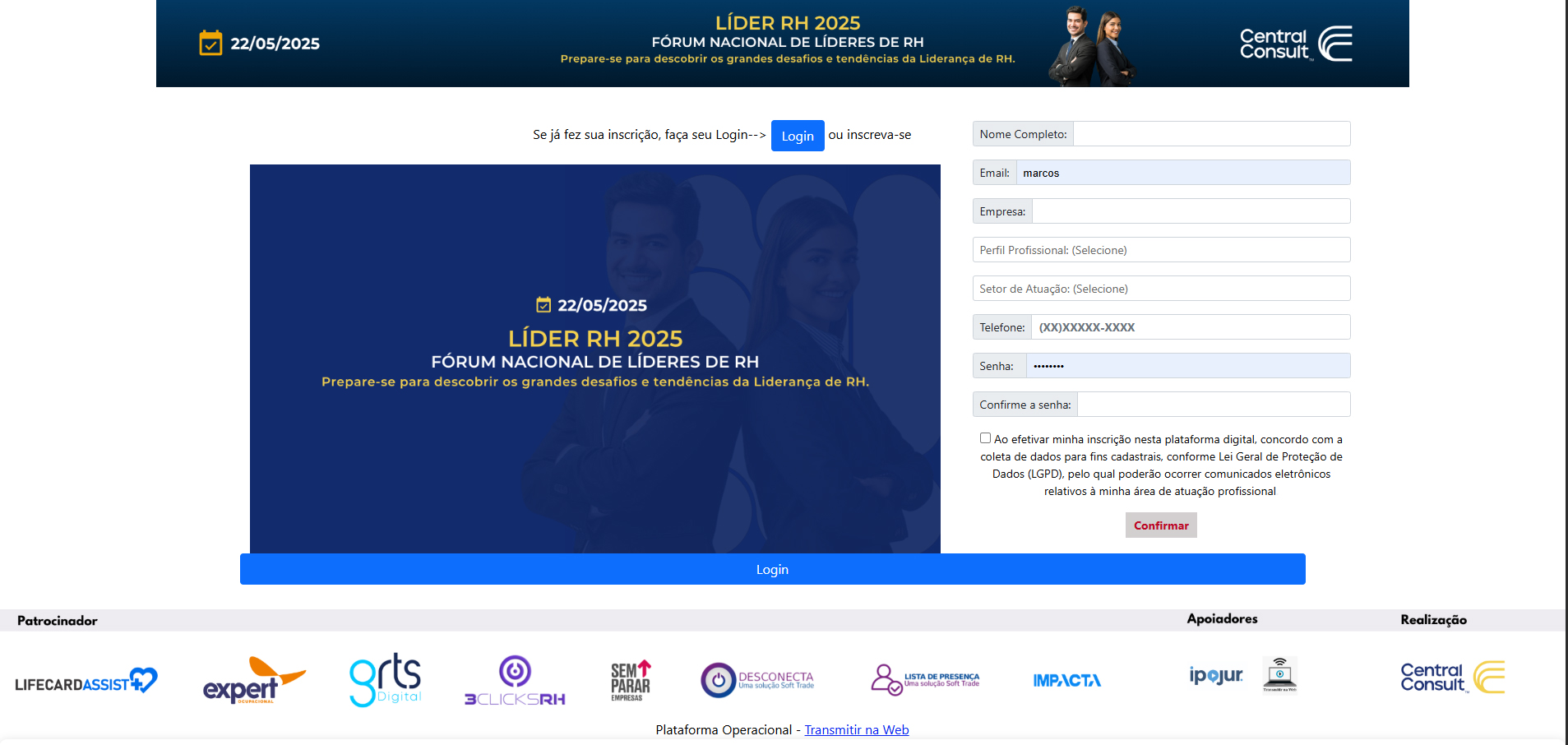 Interface do painel de controle da plataforma Transmitir na Web